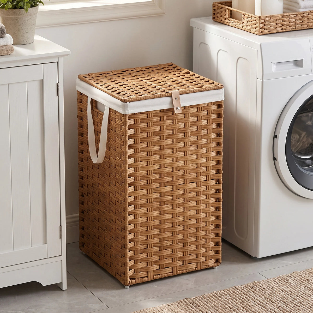 JHK 65L Wicker Laundry Hampers with Lid Woven Clothes Hamper with Side Handles Sturdy Steel Frame Removable Liner Foldable Rattan Laundry Basket For Home