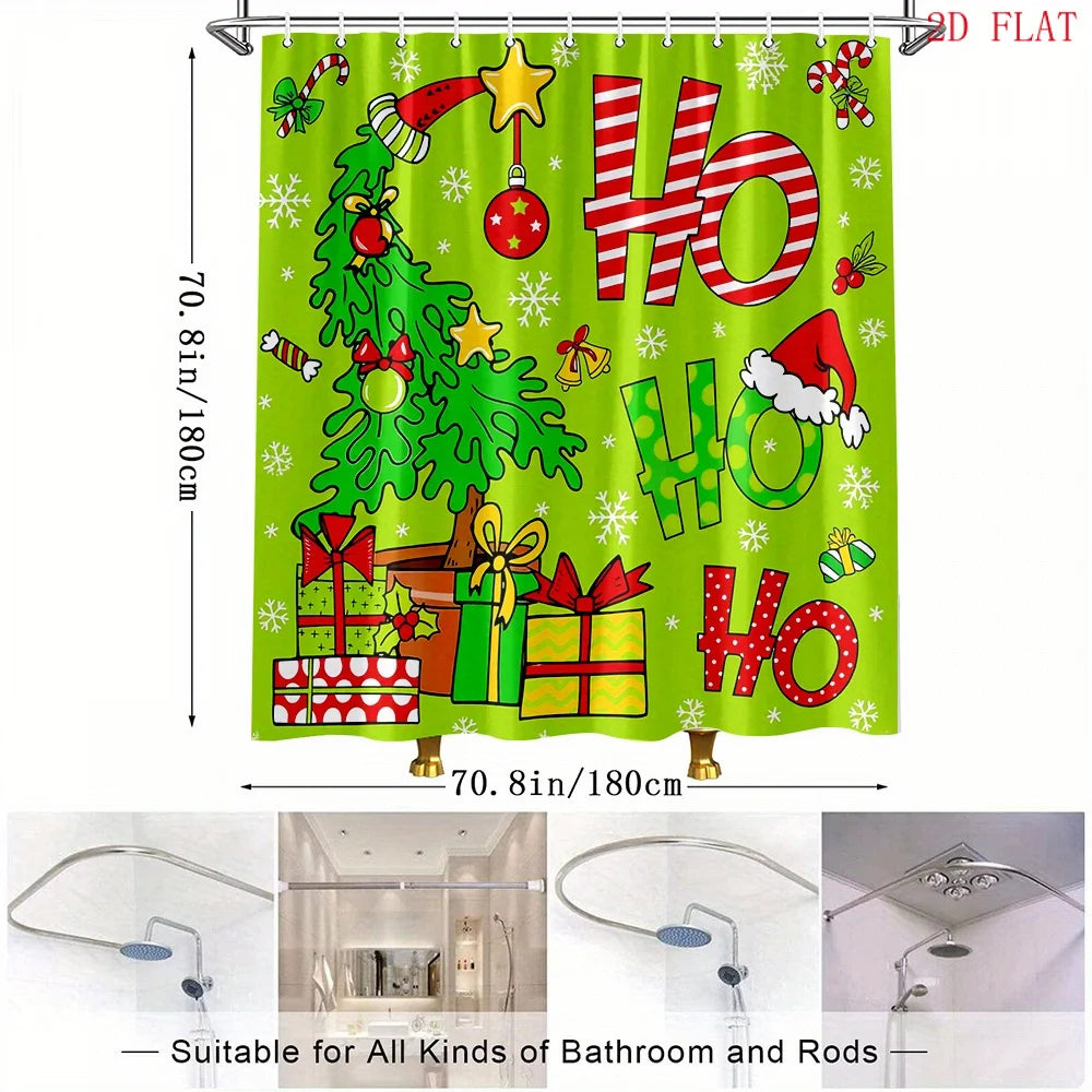 New in 2026 2D Flat, 1pc, Bright Green Background HoHoHo Christmas 2D Printed Shower Curtain. Christmas Decoration, Bathroom Shower Curtain, Perfect for Bathroom Decor, A Great Gift for Christmas 2027 And Halloween., 2D Flat