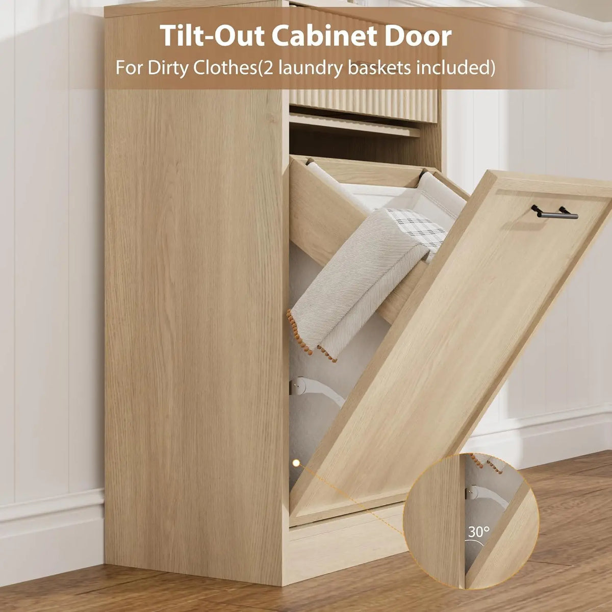 Tilt Out Laundry Hamper Cabinet, Double Farmhouse Laundry Basket with Drawer, Space Saving Hidden Laundry Storage with Removable Baskets
