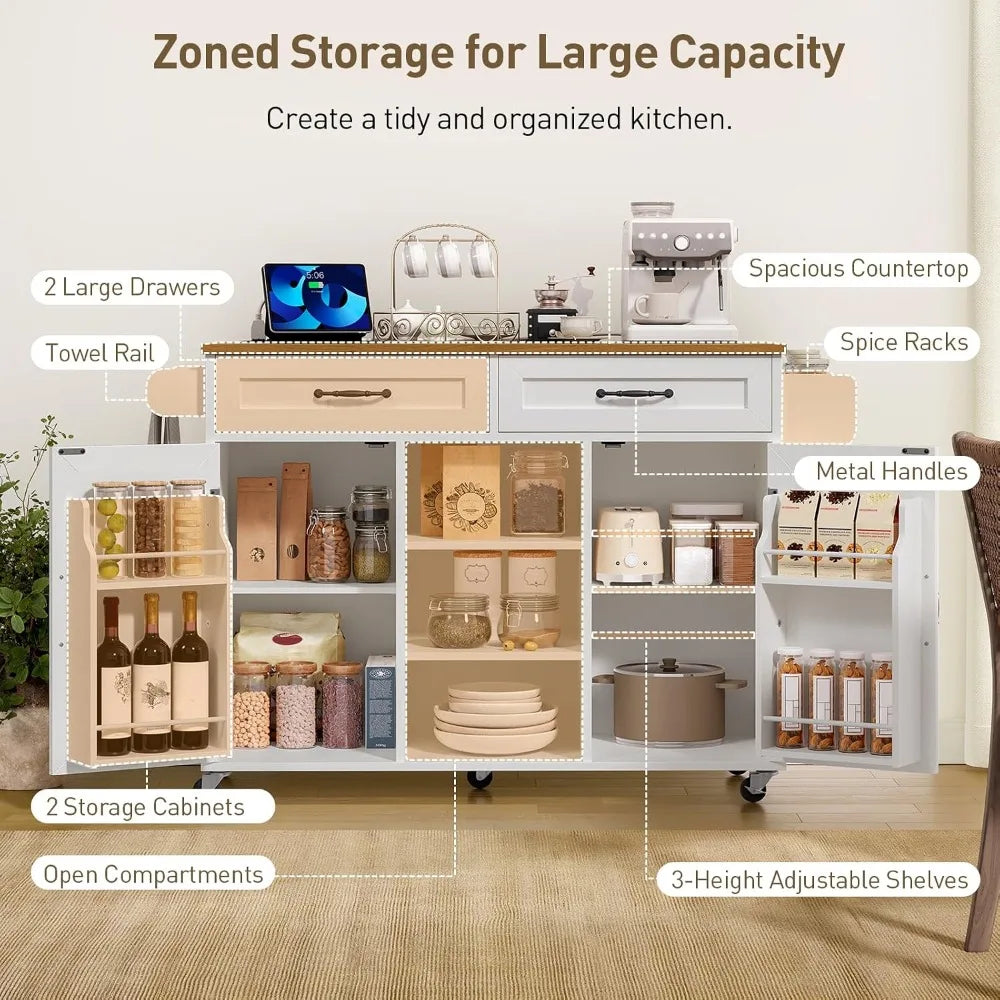 Kitchen Island Cart with Storage, Wheels, Power Outlet, Drop Leaf, Drawer & Spice Rack, White Walnut