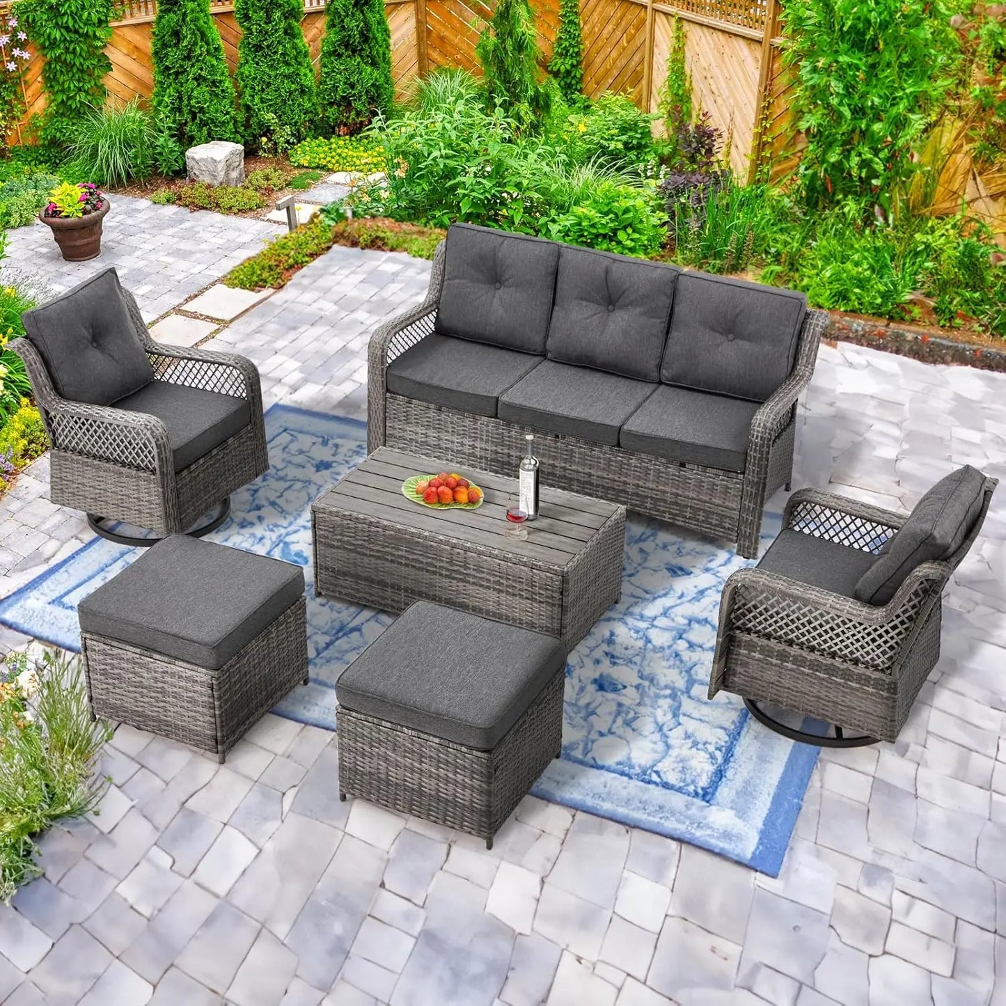 6 Pieces Wicker Patio Furniture Set Conversations Sets, 2 Outdoor 360° Swivel Chairs, Patio Swivel Chair with Table, Customized