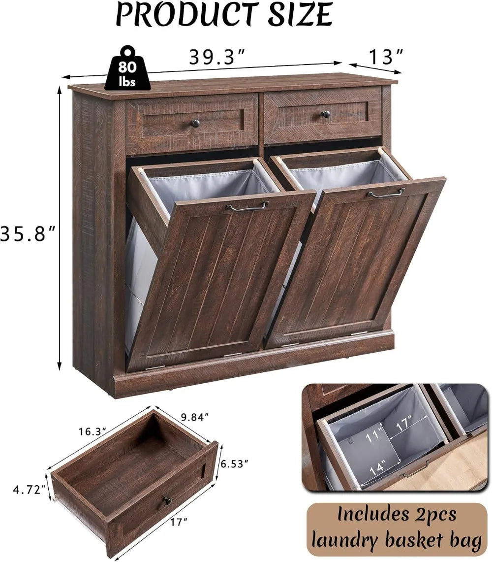 Double Tilt Out Laundry Hamper Cabinet 20 Gal Farmhouse Trash Can with Drawer Wood Garbage Bin for Bathroom Kitchen Brown