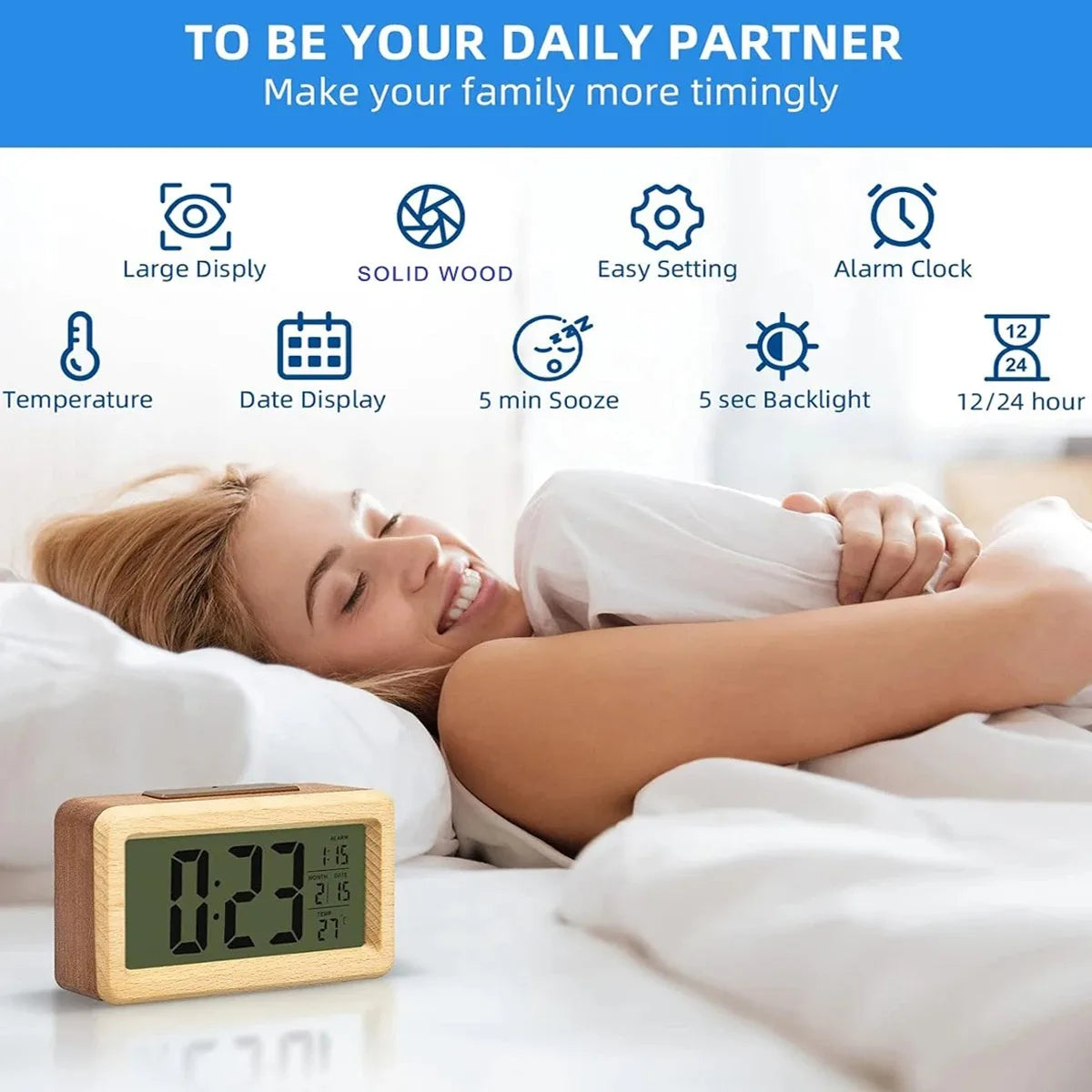A Wooden Alarm Clock with Calendar and Temperature Display. A Solid Wood Digital Clock, Perfect for Table Decoration