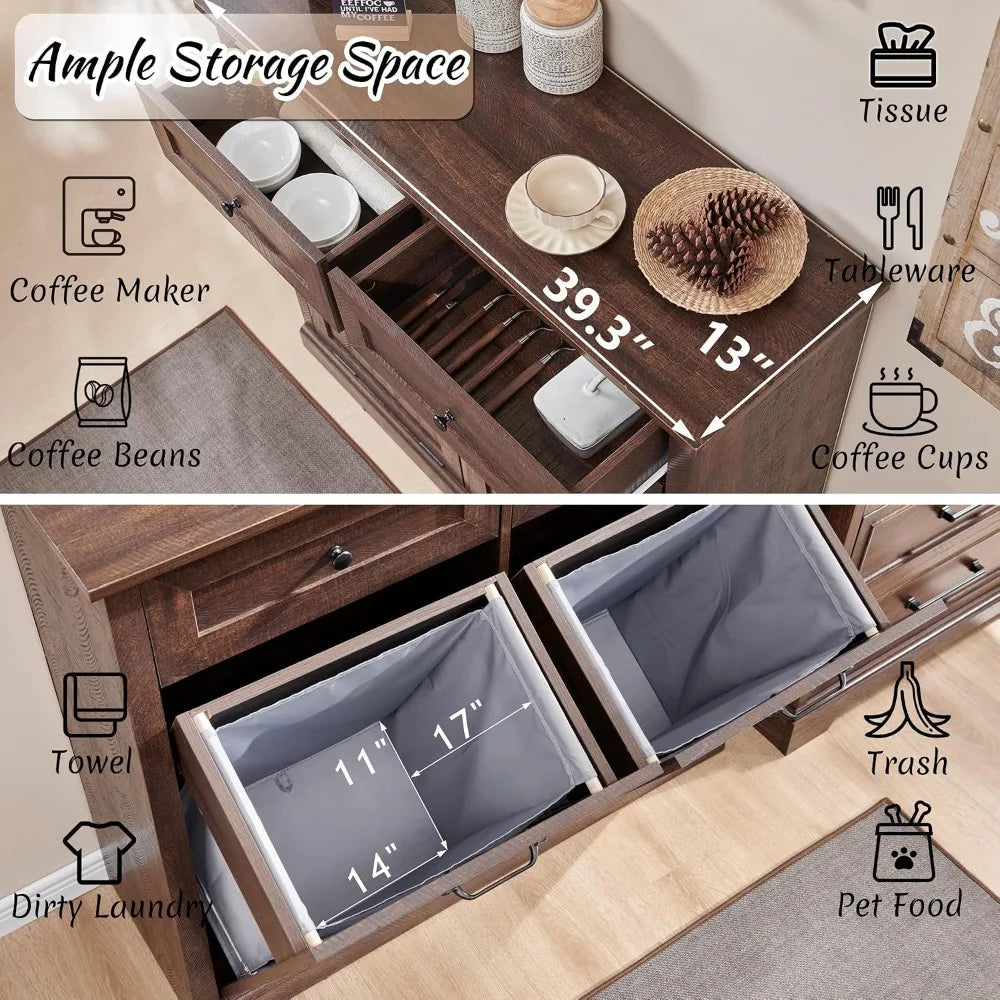 Double Tilt Out Laundry Hamper Cabinet 20 Gal Farmhouse Trash Can with Drawer Wood Garbage Bin for Bathroom Kitchen Brown