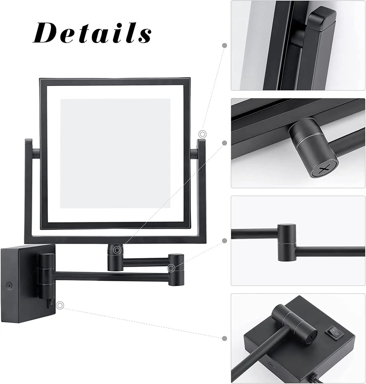 LED Bathroom Mirror 3X Magnifying Dual Arm Extendable Folding Wall Mounted Double Sided Makeup Mirror for Black Bathroom Mirrors