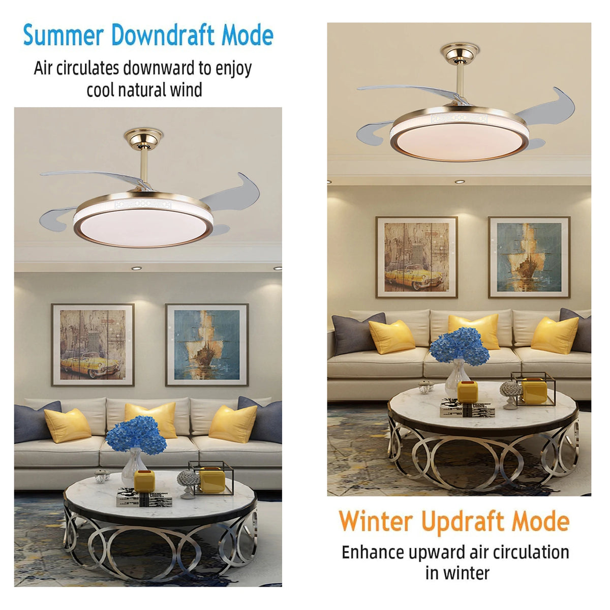 42 Inch Ceiling Fan Speed 3 Color with Remote Control Temperature 3000K-6000K Dimmable LED Reversible Quiet Motor Gold Ceiling Fan Lamp for Bedroom Living Room Kitchen Home
