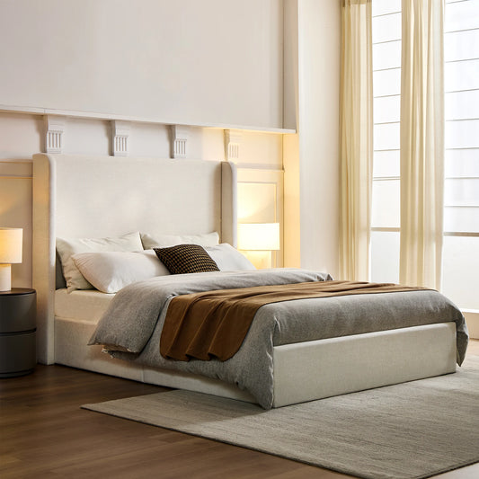 Carmen Upholstered Wingback Platform Bed, 54" High Headboard, Textured Ivory Canvas, No Box Spring Needed, Quiet & Sturdy, Queen