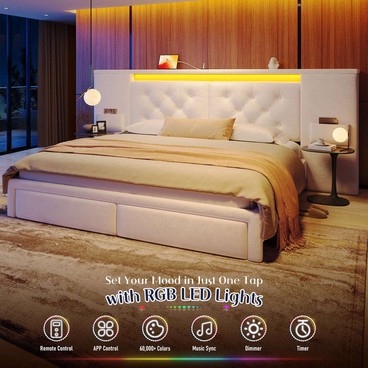 EnHomee Bed Frame with Oversized Headboard & LED Light & Charging Station, Velvet Platform Bed Frame with 2 Storage Drawers, No Box Spring Needed,Noise-Free