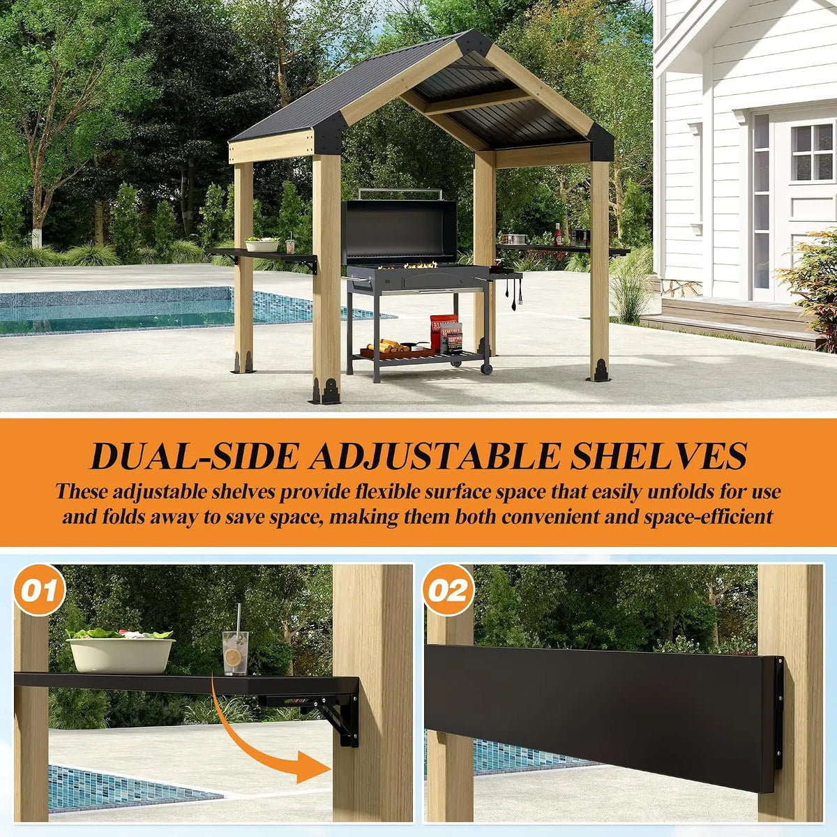 7.7'x5.7' Outdoor Grill Wood Gazebo - Hardtop Gazebo with 2 Side Shelves and Galvanized Steel Roof, Patio Wooden, Customized