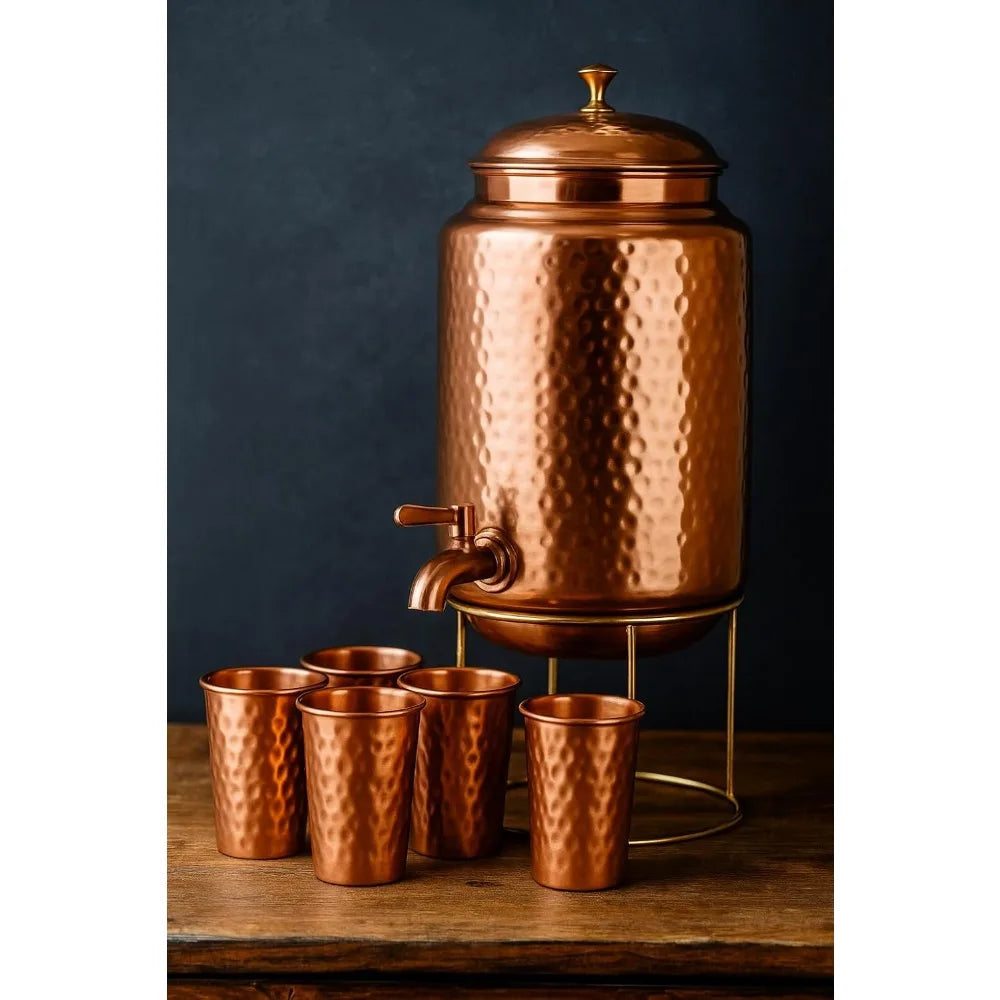 Pure Copper Water Dispenser with Tap & 4 Copper Glasses, 5L/218oz