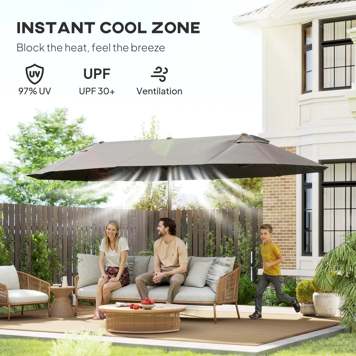 Extra Large 15' Patio Umbrella, Double-Sided Outdoor Pool Umbrella with Crank Handle, Gray