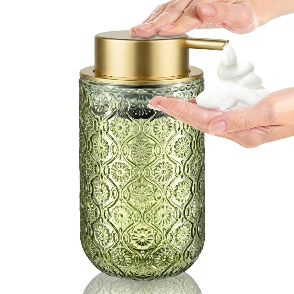 Vintage-Style Embossed Glass Foaming Soap Dispenser — Matte Black Pump Head — Suitable for Bathroom & Kitchen Hand Soap