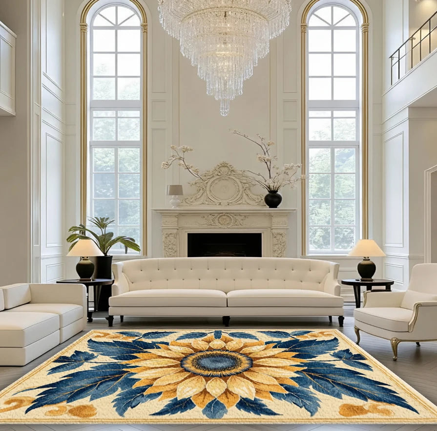 Sunflower Floral Area Rug Yellow Blue Botanical Non‑Slip Carpet Floor Mat for Living Room Bedroom Home Decor