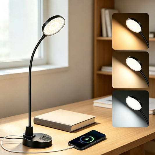 3.5 Inch LED Desk Lamp with USB Charging Port, USB Powered Dimmable 3 Color Temperatures 5 Brightness Levels 4 Timer Settings Flexible Adjustable Gooseneck Sturdy Base Eye-Caring Reading Light for Home Office Bedroom Study Li