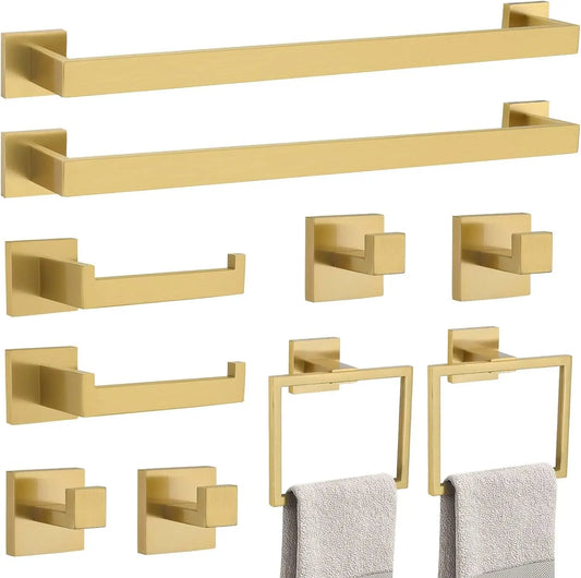 10-Piece Bathroom Hardware Accessories Set-Brushed Gold Towel Bar, Holder & Racks-SUS304 Stainless Steel-Wall Mounted,23.6-Inch