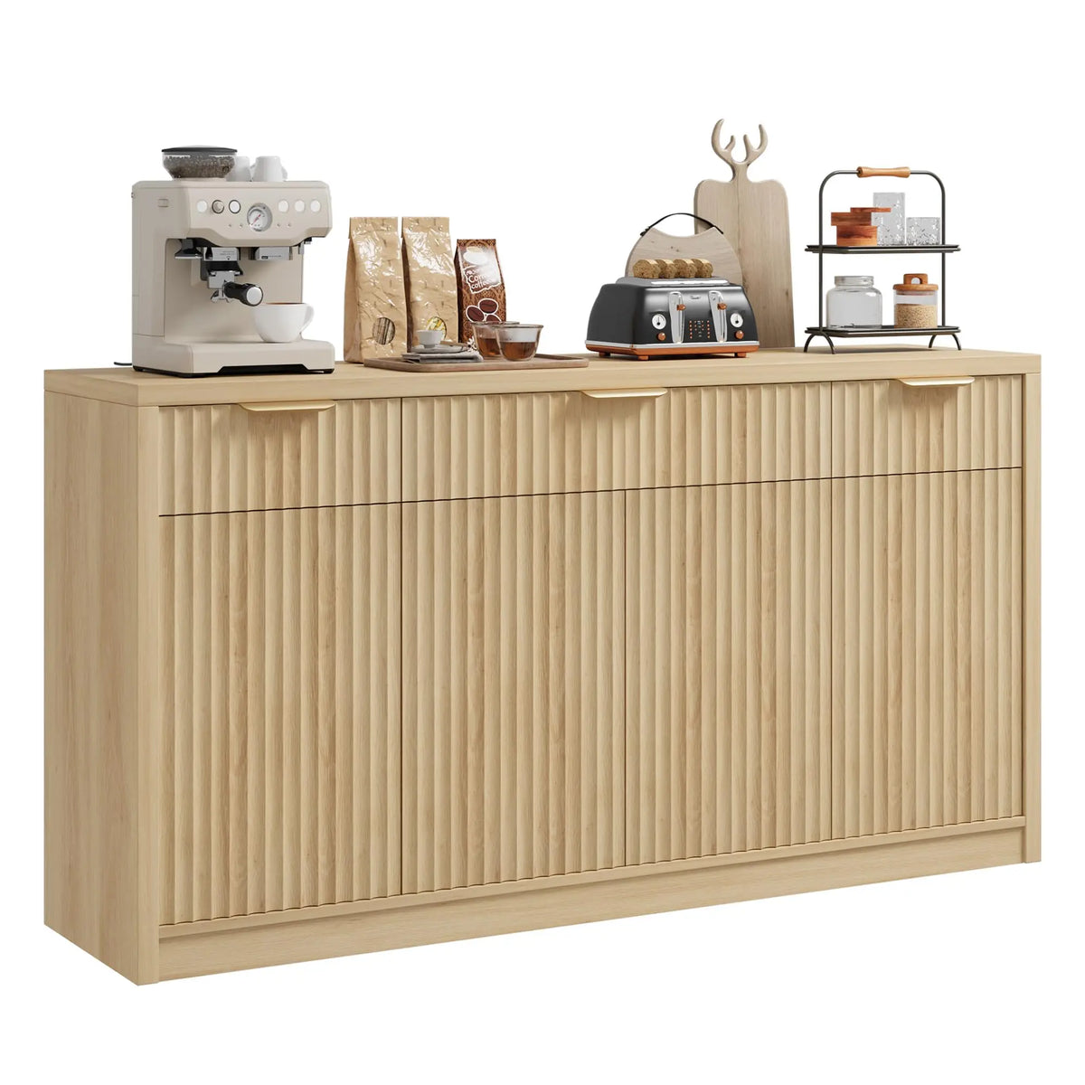 55 Inch Fluted Buffet Sideboard Cabinet With 3 Drawers, 4 Doors & Adjustable Shelves, Kitchen Coffee Bar Dining Room Storage