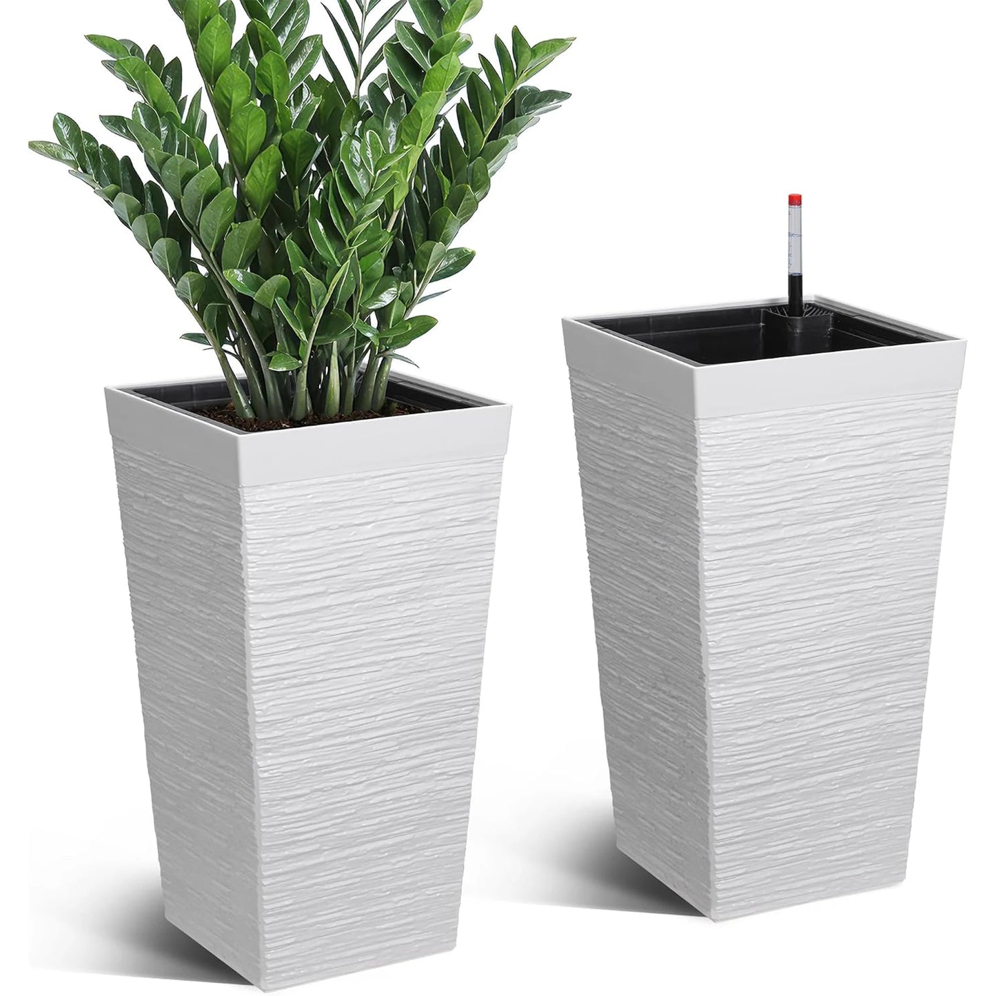 22.5'' Tall Planters Set Of 2, Self Watering Outdoor Indoor Front Porch Planter Pots With Drainage Holes & Water Monitor System