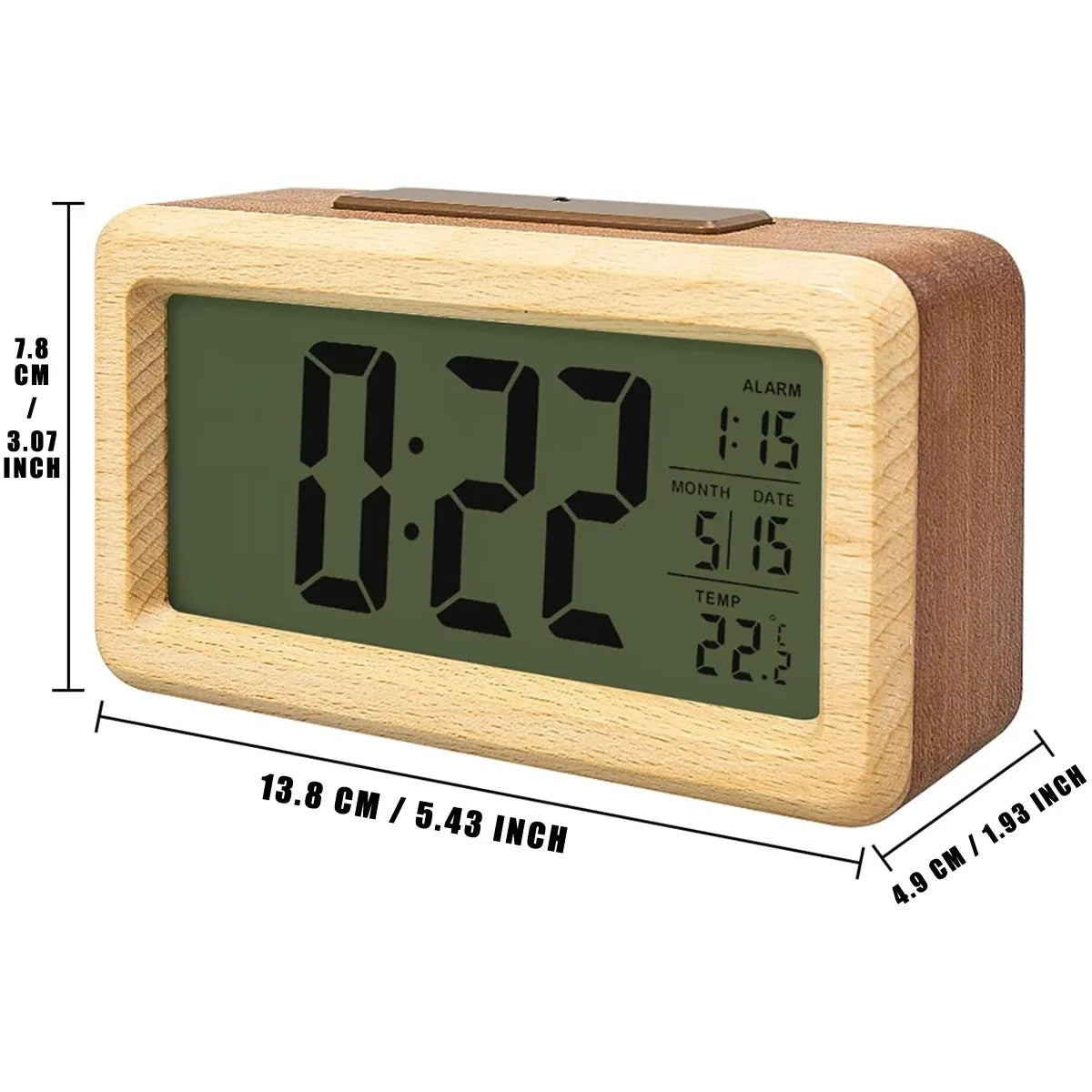 A Wooden Alarm Clock with Calendar and Temperature Display. A Solid Wood Digital Clock, Perfect for Table Decoration