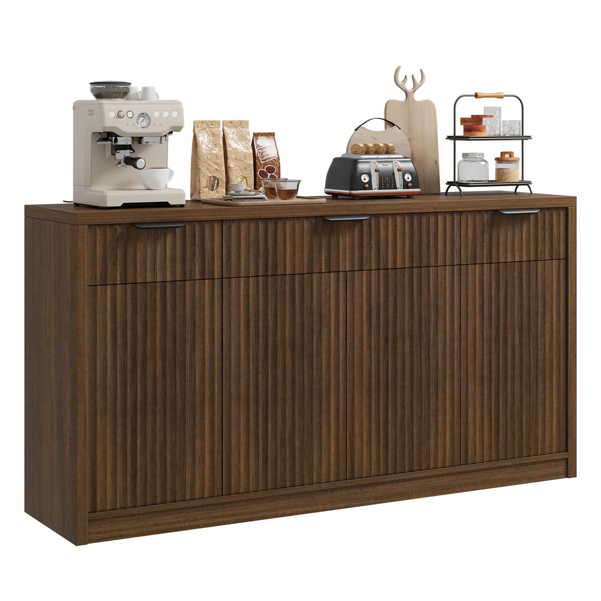 55 Inch Fluted Buffet Sideboard Cabinet With 3 Drawers, 4 Doors & Adjustable Shelves, Kitchen Coffee Bar Dining Room Storage