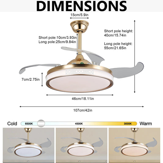 42 Inch Ceiling Fan Speed 3 Color with Remote Control Temperature 3000K-6000K Dimmable LED Reversible Quiet Motor Gold Ceiling Fan Lamp for Bedroom Living Room Kitchen Home