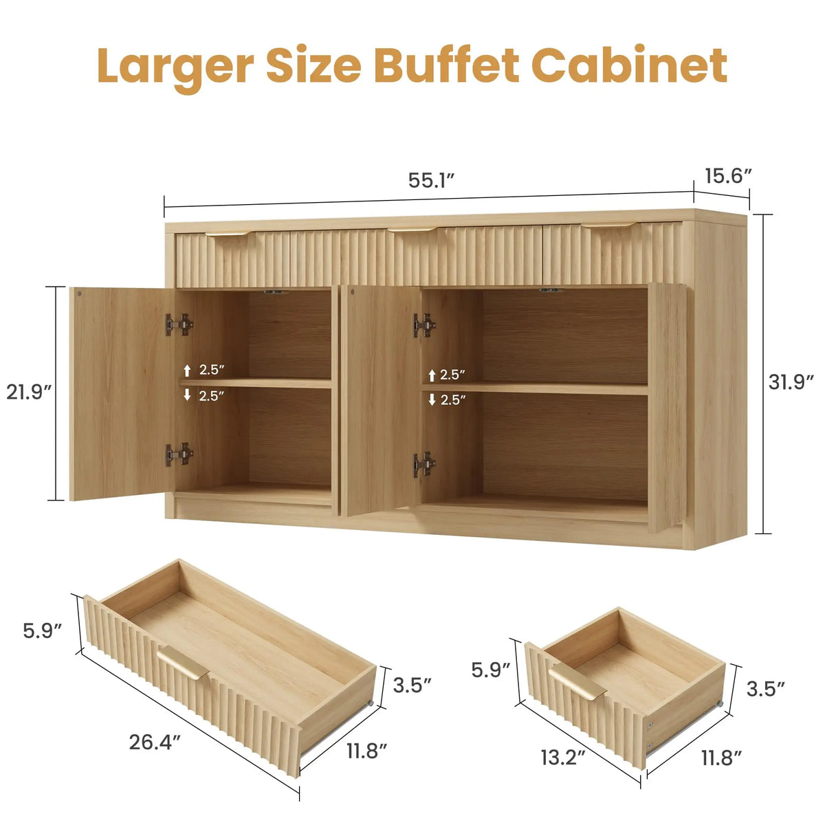 55 Inch Fluted Buffet Sideboard Cabinet With 3 Drawers, 4 Doors & Adjustable Shelves, Kitchen Coffee Bar Dining Room Storage