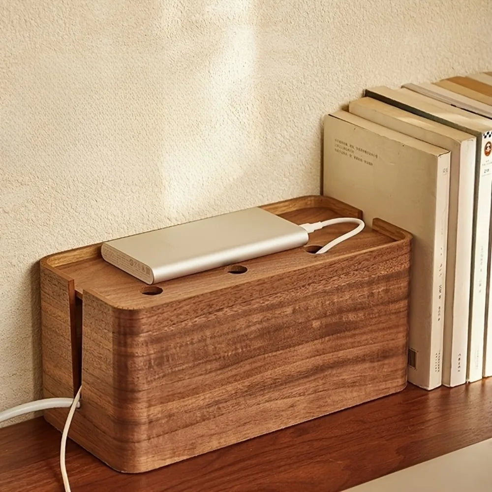 Wooden Cable Management Box with Top Shelf Solid Wood Cord Organizer for Desk Power Strip Hider Home Office Living Room