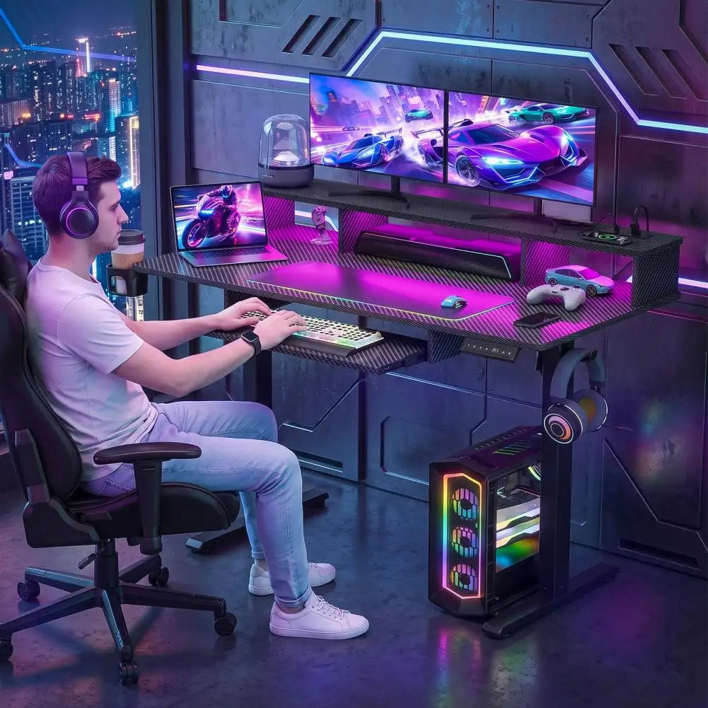 Gaming Standing Desk, Computer Desk with Keyboard Tray, Home Gaming Desk with Monitor Stand, Headphone Hook, Height Adjustable