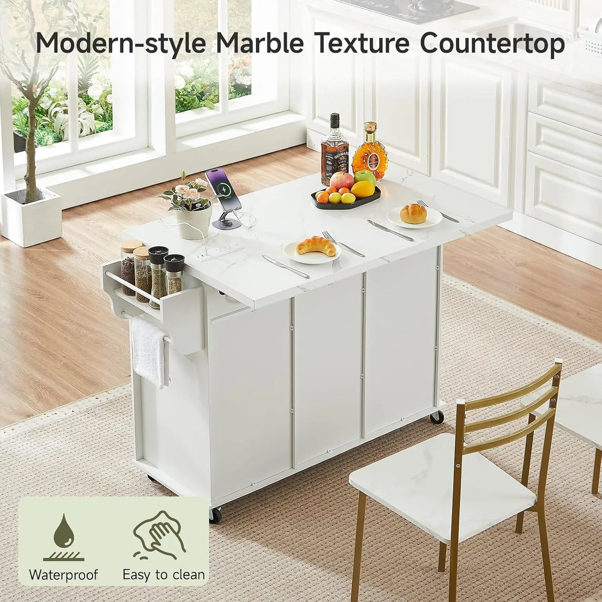 47" Rolling Kitchen Island Cart with Power Outlet | Movable Island Table & Storage Cabinet: White Marble Top, 5 Drawers + 2 Cabinets, Spice Rack, Free Tool Installation for Kitchen Craftsmanship