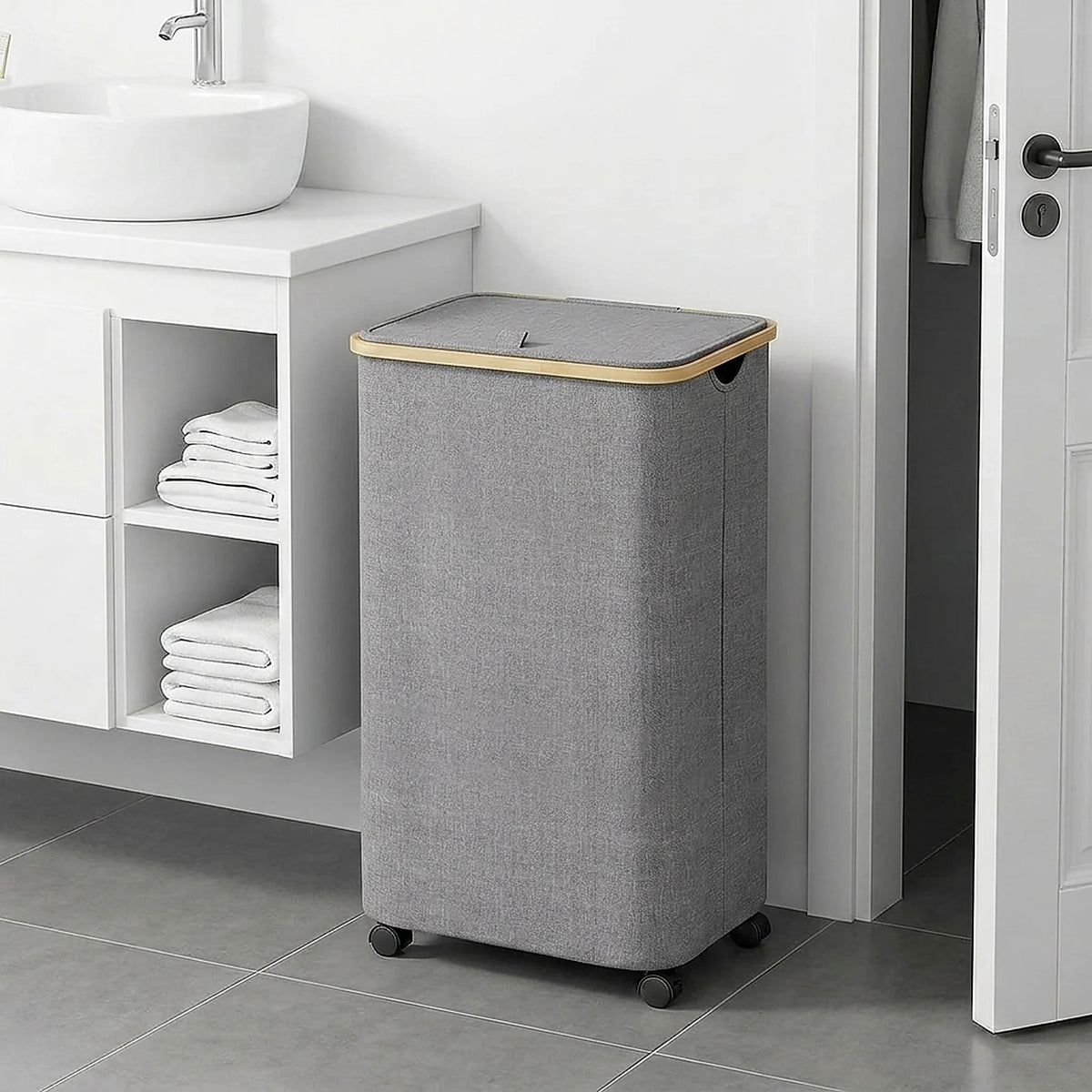 Zoyiancy Black Rolling Laundry Basket 110L, Slim Tall Laundry Hamper on Wheels with Lid and Bamboo Handles for Bedroom, Bathroom, Dormitory and Laundry Room