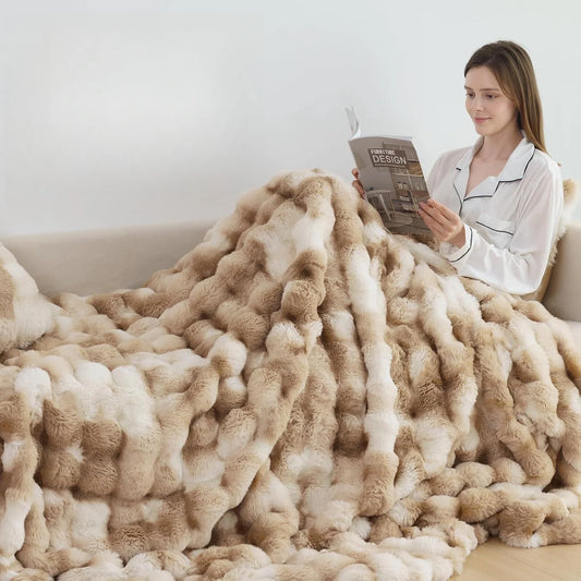 Bubble Fleece Blanket for Couch, Faux Rabbit Fur Throw Blanket, Soft Cozy Fluffy Decorative Blankets for Bed, Sofa, Mother's Day