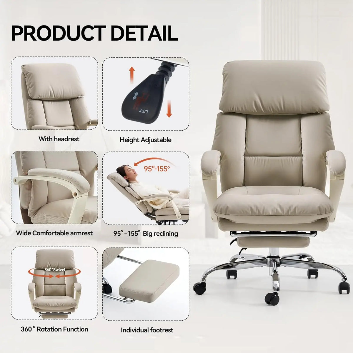 Office Chair with Foot Rest Executive Office Chair, PU Leather, Beige | Ergonomic Reclining Office Chair High Back, Customized