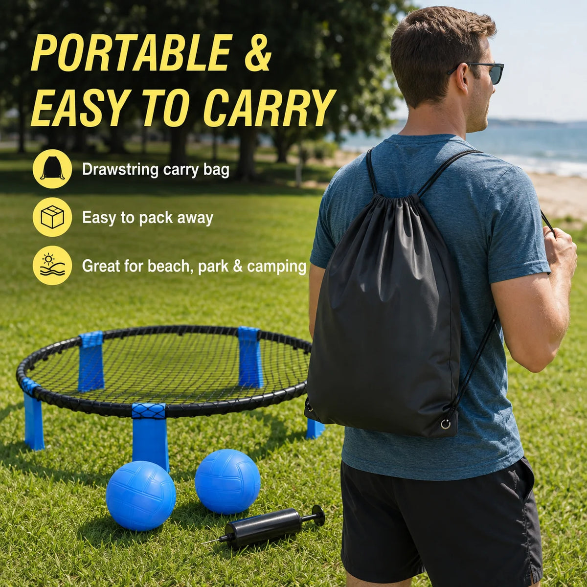 2 Balls Roundnet Game Set Portable Outdoor Sports Beach Lawn Game for Backyard Park Camping Family Party with Net Pump Carry Bag