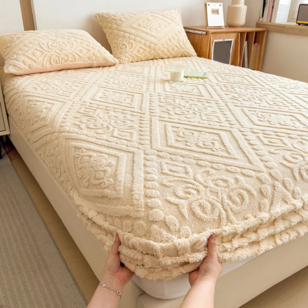 King Size Solid Embossed Bed Cover   Ultra Soft Milk Velvet Fitted Sheet  Durable Textured Standard Size