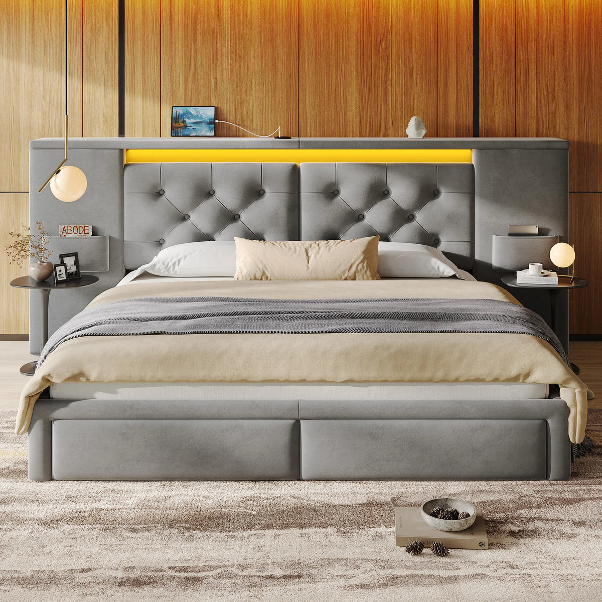 EnHomee Bed Frame with Oversized Headboard & LED Light & Charging Station, Velvet Platform Bed Frame with 2 Storage Drawers, No Box Spring Needed,Noise-Free