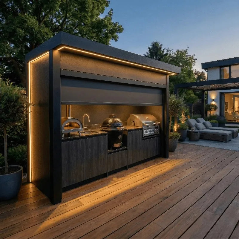 CE Certified Stainless Steel Antibacterial BBQ Grill Pod Metallic Texture Outdoor Bbq Kitchen Pod Roller Shutters for Villa
