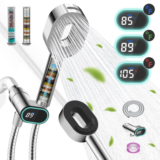 High Pressure Shower Head with Handheld Combo, 20-Stage Filter Showerhead with LED Temp Disaplay, 5 Spray Mode