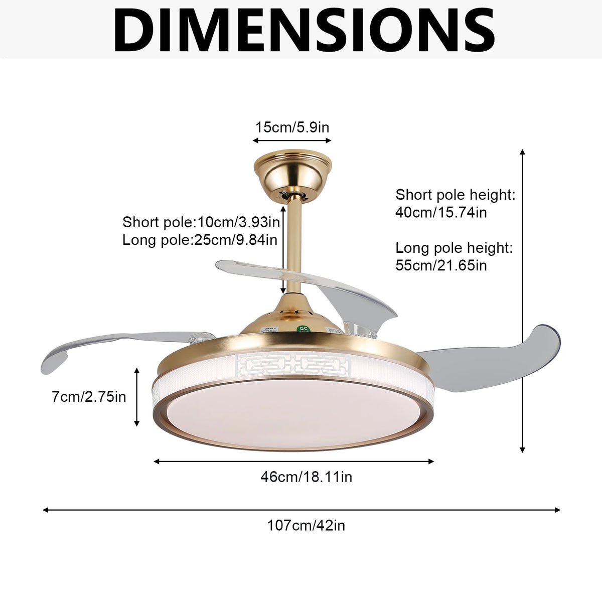 42 Inch Ceiling Fan Speed 3 Color with Remote Control Temperature 3000K-6000K Dimmable LED Reversible Quiet Motor Gold Ceiling Fan Lamp for Bedroom Living Room Kitchen Home