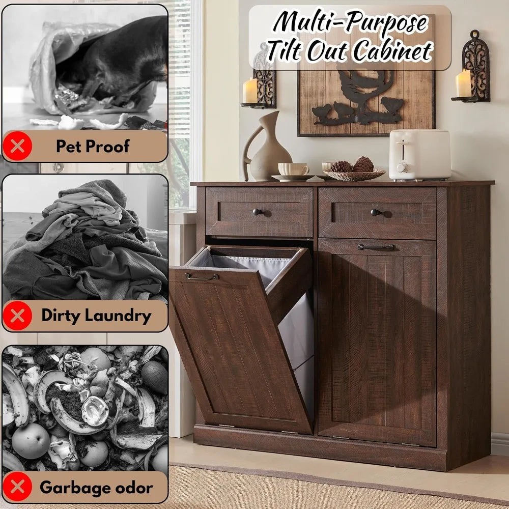 Double Tilt Out Laundry Hamper Cabinet 20 Gal Farmhouse Trash Can with Drawer Wood Garbage Bin for Bathroom Kitchen Brown