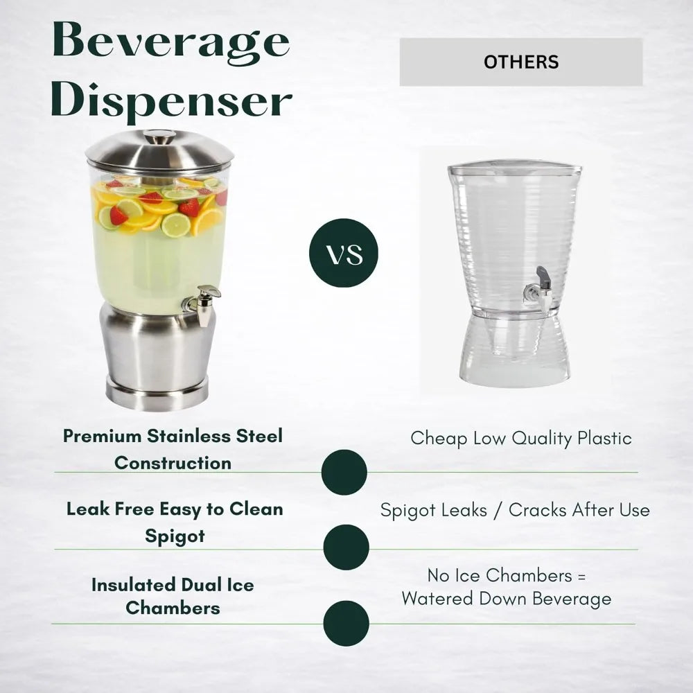 Stainless Steel Drink Dispenser with Ice Chambers, 3 Gallon Beverage Jar with Spigot for Party, Wedding, Event, Silver