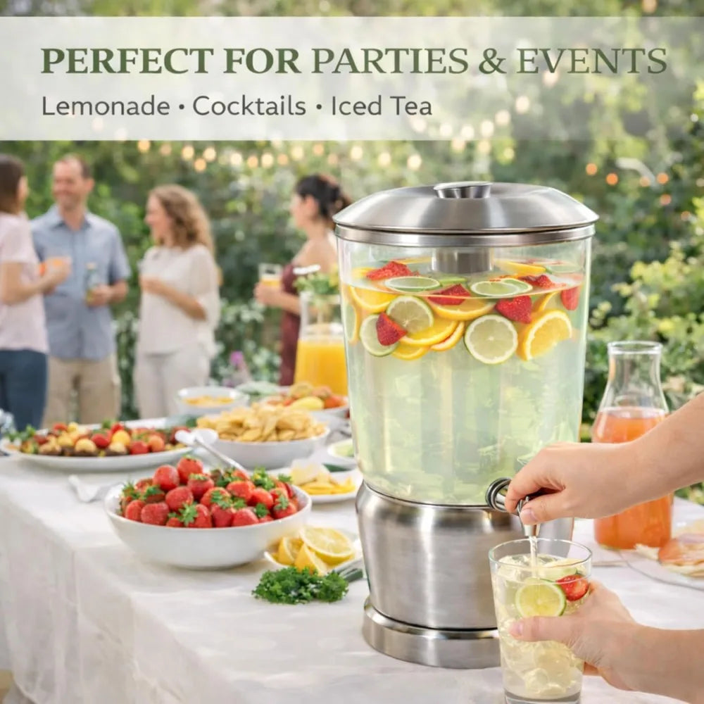Stainless Steel Drink Dispenser with Ice Chambers, 3 Gallon Beverage Jar with Spigot for Party, Wedding, Event, Silver