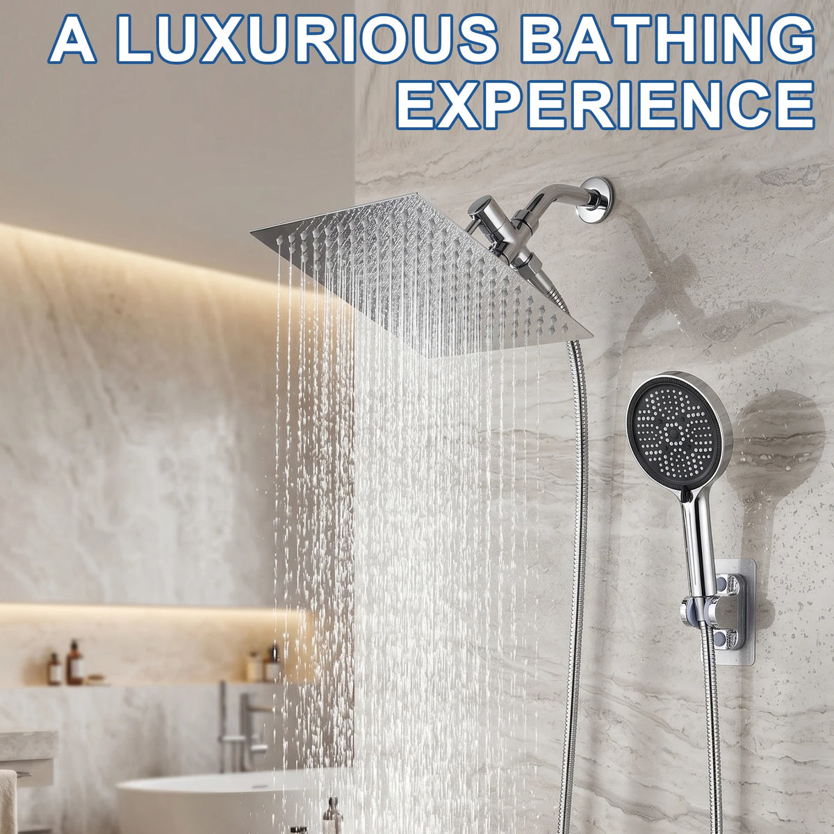 Shower Head, Rain Shower Head with Handheld Spray Combo, Anti-Leak Shower Head with Holder,8/10 Inch Adjustable High Pressure Rainfall Shower Head, Dual Showerhead Set with Long Shower Hose (Silver)