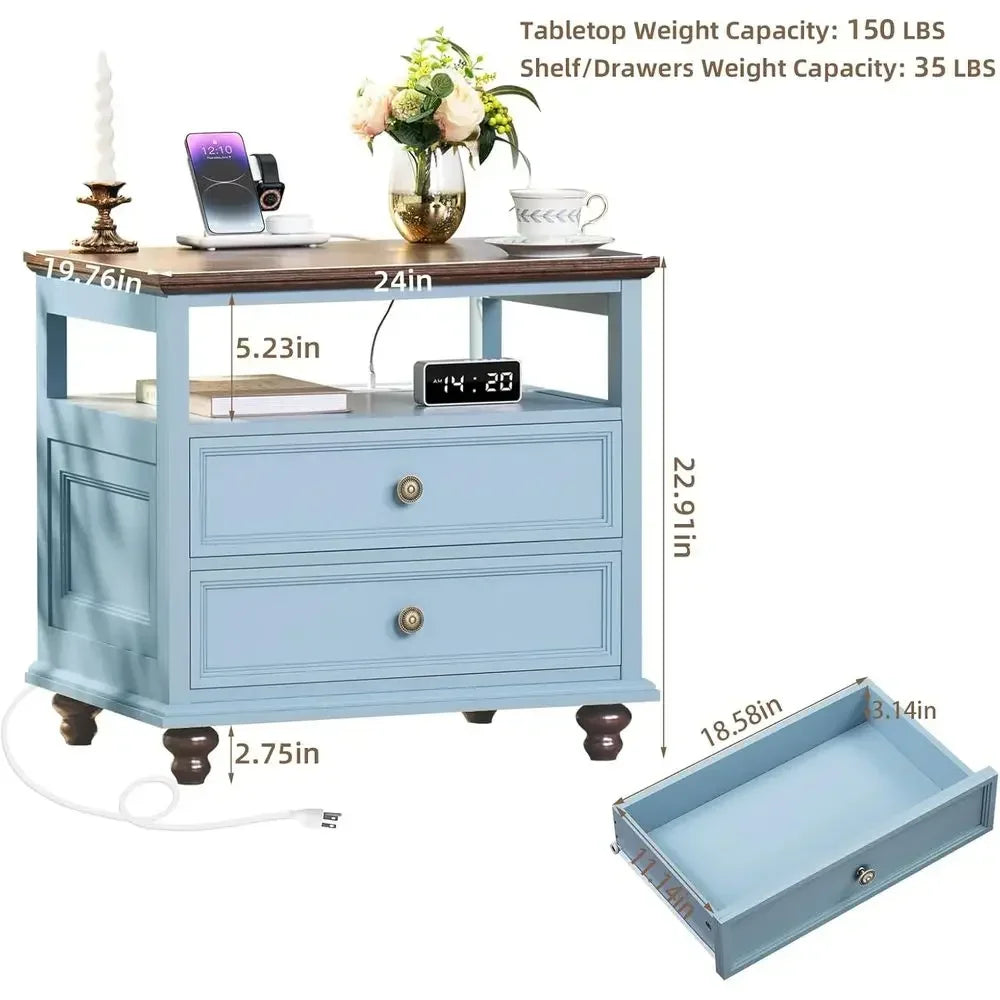 2-Piece Nightstand Set with Charging Station, 24 Wide End Table, Drawers, Suitable for Bedroom or Living Room, Light Blue Accent