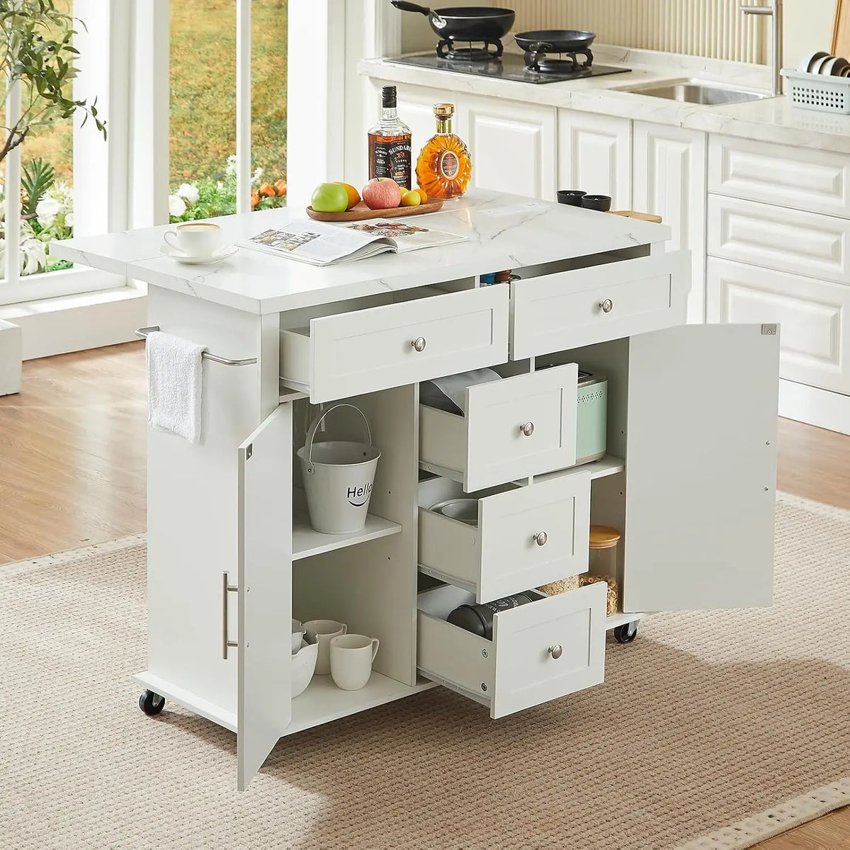 47" Rolling Kitchen Island Cart with Power Outlet | Movable Island Table & Storage Cabinet: White Marble Top, 5 Drawers + 2 Cabinets, Spice Rack, Free Tool Installation for Kitchen Craftsmanship