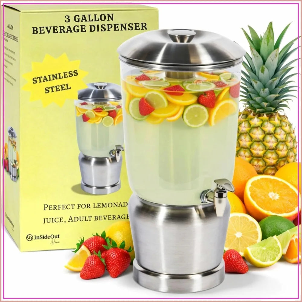 Stainless Steel Drink Dispenser with Ice Chambers, 3 Gallon Beverage Jar with Spigot for Party, Wedding, Event, Silver