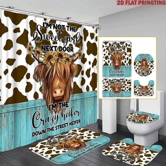 1pc/4pcs Shower Curtain and Bath Mat Set with print pattern Cow Print With Sunflowers And Text Design Non-Slip Bathroom Decor