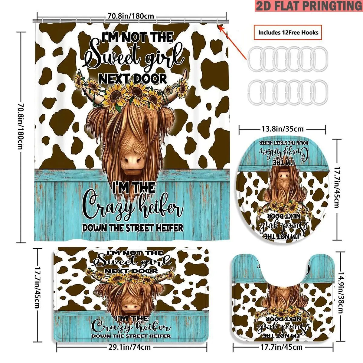 1pc/4pcs Shower Curtain and Bath Mat Set with print pattern Cow Print With Sunflowers And Text Design Non-Slip Bathroom Decor