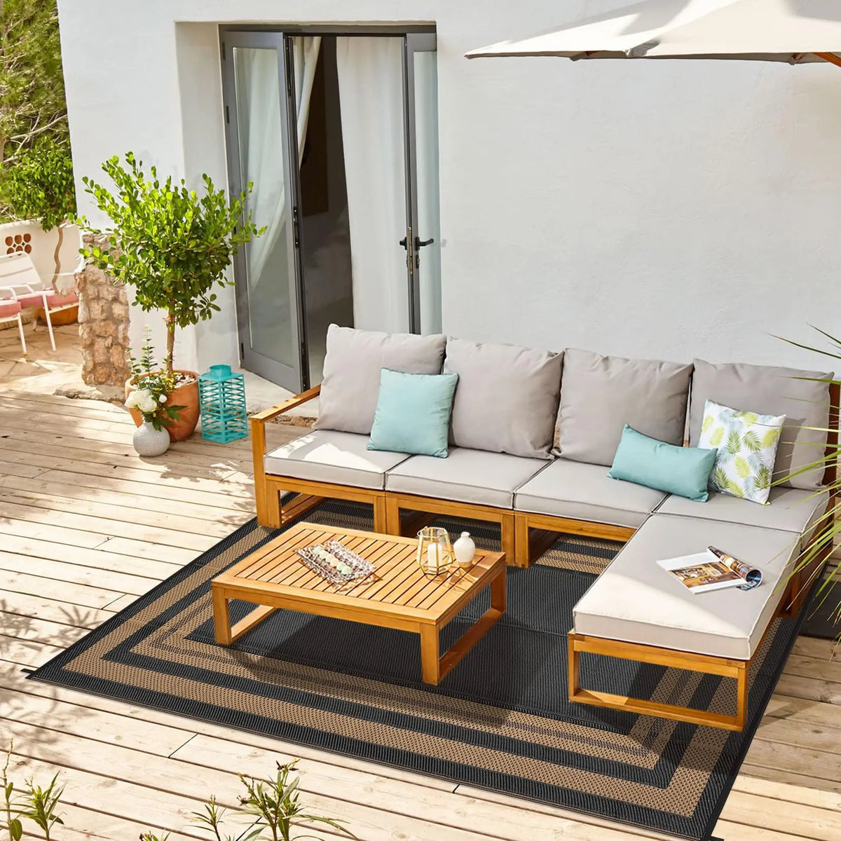 8x10ft Outdoor Rug | Waterproof Reversible Plastic Straw Patio Carpet, Easy Clean Modern Area Mat for Porch, Deck