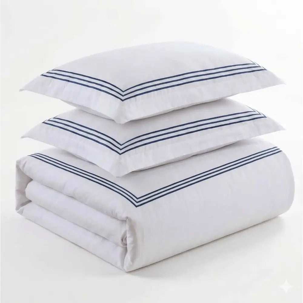 Navy Blue Percale Duvet Cover Set with Embroidered Comforter and Pillow Shams (Full/Queen)