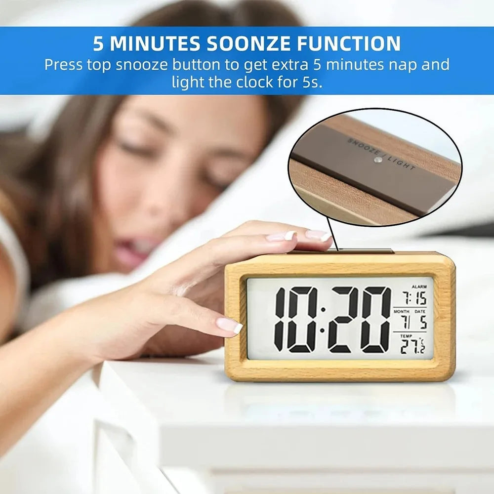 A Wooden Alarm Clock with Calendar and Temperature Display. A Solid Wood Digital Clock, Perfect for Table Decoration
