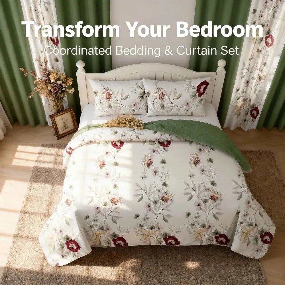 9-Piece Sage Green Watercolor Floral Bedding & Curtain Set (Queen/King/Cal King) - Quilted Microfiber Bedspread + Sheer Curtains